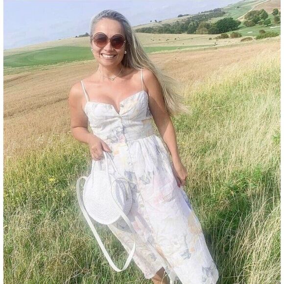 H&M Floral Print Linen Blend Button Dress Midi New - Picture 5 of 8